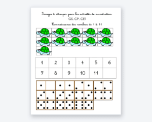 Fiche de numération à imprimer : tortues et cartes-nombres à découper, de 1 à 11