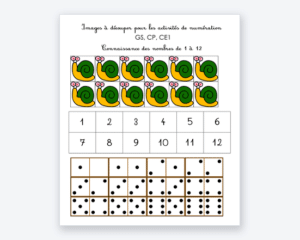Fiche de numération à imprimer : escargots et cartes-nombres à découper, de 1 à 12
