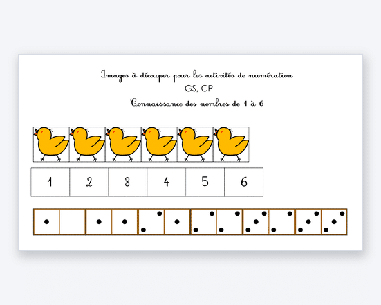 Fiche de numération à imprimer : poussins et cartes-nombres à découper, de 1 à 6