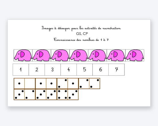 Fiche de numération à imprimer : éléphants et cartes-nombres à découper, de 1 à 7