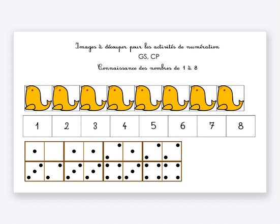 Fiche de numération à imprimer : otaries et cartes-nombres à découper, de 1 à 8
