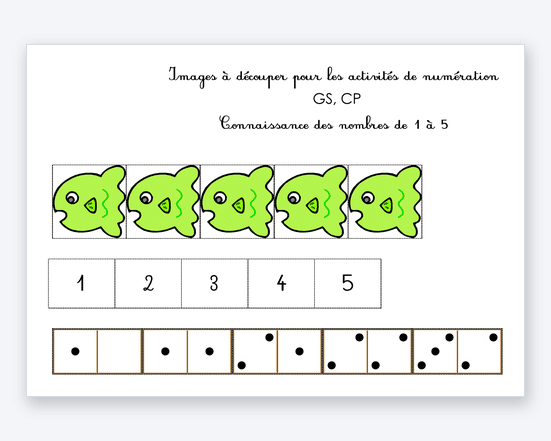Fiche de numération à imprimer : poissons et cartes-nombres à découper, de 1 à 5