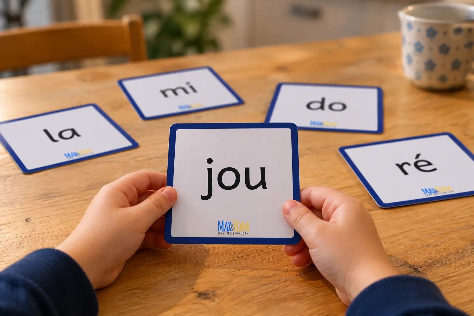 apprendre les sons cartes syllabes Mains d’un enfant qui tient la carte syllabe jou, avec d’autres cartes Max&Tom sur la table
