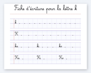 Fiche d'écriture de la lettre K à imprimer, cursive Marelle sur lignes Seyès