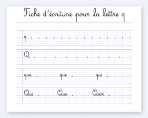 Fiche d'écriture de la lettre Q à imprimer, cursive Marelle sur lignes Seyès