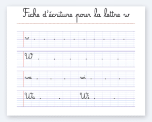 Fiche d'écriture de la lettre W à imprimer, cursive Marelle sur lignes Seyès
