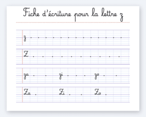 Fiche d'écriture de la lettre Z à imprimer, cursive Marelle sur lignes Seyès
